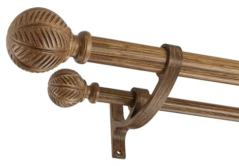 Mayrhyme Doppel-Gardinenstangen-Set aus Holz, für Fenster, 91,4 bis 183,9 cm, verstellbar, strapazierfähig, 2,5 cm, Boho, rustikal, dekoratives Design mit Blatt-Endstücken aus Holzmaserung