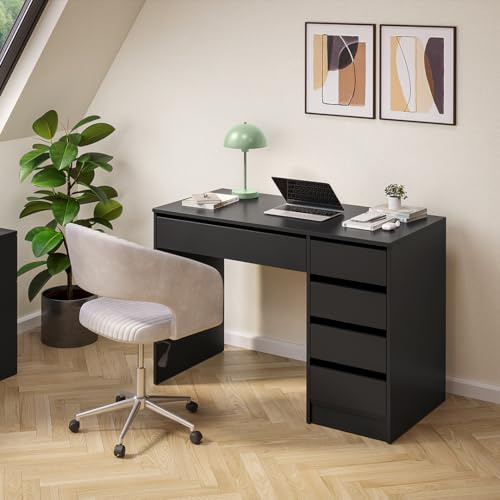 Bellamio Nore Schreibtisch in Schwarz mit 5 Schubladen - Jugendschreibtisch 75x53x110 cm - Schminktisch & Schreibtisch Kombi - Computertisch mit Schubladen beidseitig montierbar – Bürotisch
