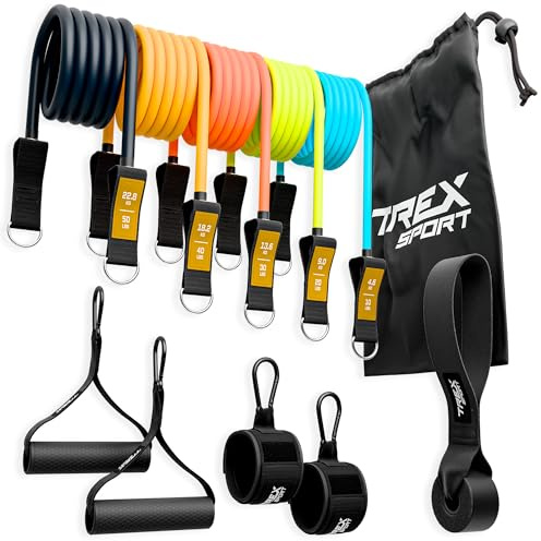 TREX SPORT Widerstandsbänder 5er Set mit Griff Expander 4,6-22,8kg Türanker | TX-050TSV Fitnessbänder, Gymnastikband, Knöchelriemen, Resistance Bands, Neon / Grau