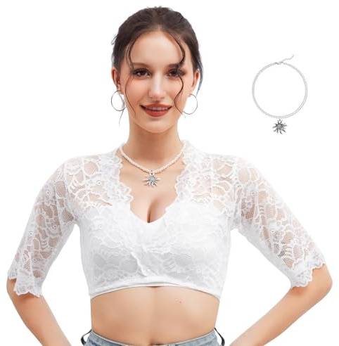 JJKOL Dirndl Bluse Damen, Dirndlbluse Spitze mit 1 Edelweißkette, Dirndlblusen Dirndl Bluse Spitze, Trachtenblusen Traditionelles Stretchhemd V-Ausschnitt Für Bayrische Tracht Oktoberfest, Weiß, M