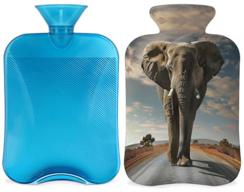 Elephant Hot Water Bottle with Soft Cover, Animal Elephant 2L Hot Water Bag for Pain Relief Menstrual Cramps Hand Feet Warmer Neck and Shoulder Hot and Cold Therapy