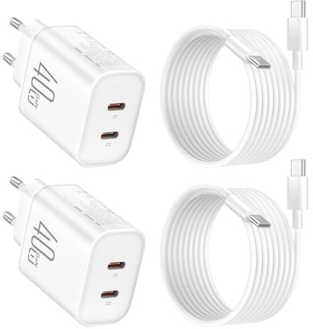 2PACK Chargeur 40W pour iPhone 17Pro, Double USB C Charge Rapide | Adaptateur Secteur avec Câble 1,8 Mètres pour iPhone 17/17 Pro/17Air/16/15, pour iPad