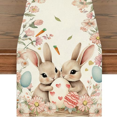 Ostern Hasen Tischläufer, Frühlings Blumen Osterei Tischdecke, Sommer Küche Wohnzimmer Waschbar Esstisch Deko für Osterparty Geburtstagsparty Dekoration 40x140 cm, Rosa