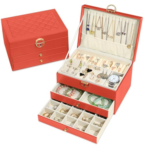Granbest 3 Layers Jewellery Box with 2 Drawers, Elegant Jewellery Organiser, Leather Jewellery Storage Case Ideal for Necklaces, Bracelets, Rings and Earrings (Orange)