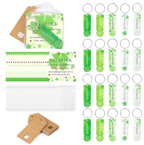 Pack of 20 Acrylic Shopping Trolley Token Keyrings for Leaving Gifts | Lucky Clover Keyring 5 Designs with Greeting Card, Organza Bag, Hanging Tags for Holiday Gifts