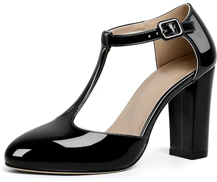 EDEFS Womens Patent Mary Jane Heels with T Strap 3.5 Inch Block Heel Court Shoes Closed Toe Dress Heels for Party Wedding and Work