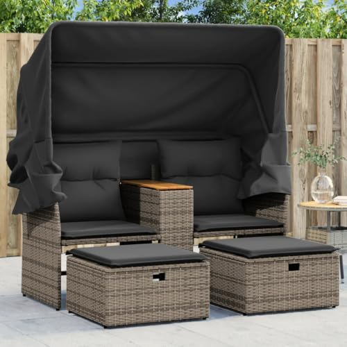 Kaloriko Gartensofa 2-Sitzer mit Dach und Hockern, Grau Poly Rattan, 144x92x69 cm, ausziehbares Sonnendach, wetterfest, für Garten, Terrasse