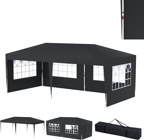 XMTECH Fällbar paviljong 3 x 6 m pop-up trädgårdspaviljong vikbar med 6 sidodelar, justerbar höjd 2,45–2,55 m, festtält för utomhus trädgård och bröllop, UV-skydd, regnbeständigt, antracit