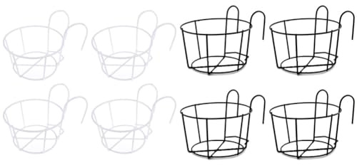 BEAZOOM 4 soportes redondos de hierro para flores con gancho de valla, estante colgante para macetas para balcón y jardín, color blanco y negro