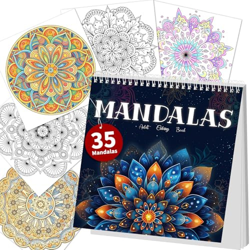 Elfew Mandalas Colorear Adultos, Libro Mandalas Adultos, 35 Patrones y Diseños únicos De Mandalas para Relajarse, Libro Para Colorear Adultos, Encuadernación Espiral