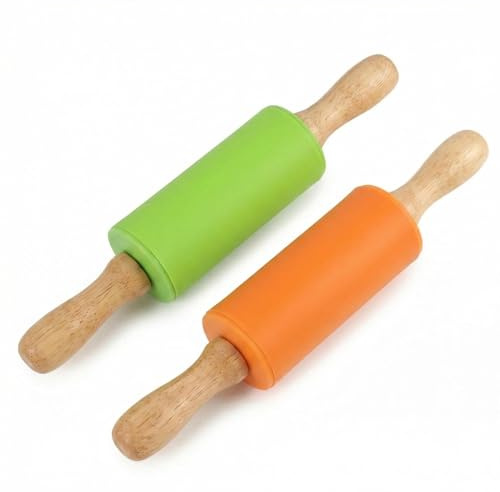 Set de 2 Rodillos de Amasar de Silicona 23.5 cm con Mango de Madera, Mini Rodillo Antiadherente para Niños y Adultos para Fondant Masa Pastelería Repostería Verde Naranja