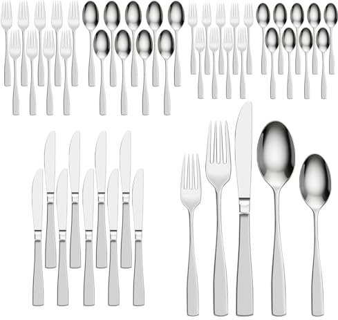 Homucasa Besteck Set, Besteckset 10 Person, 50 teilig Edelstahl Cutlery Set Spülmaschinenfest, Hochglanzpoliert Löffel Gabel Messer Set für Zuhause Grillen Party Alltag Gäste Camping Picknick Reise