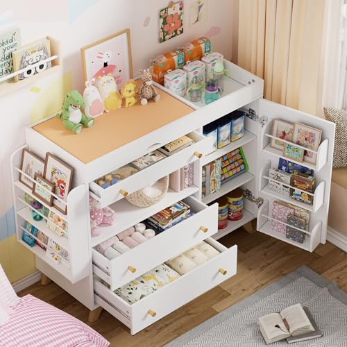 MSFE Baby Changing Unit,Changing Dresser with 3 Drawers and Open Shelves for Bedroom Baby Room Nursery,Convertible to a Dresser with Removable Changing top With Expandable Storage Area,120x100x40cm