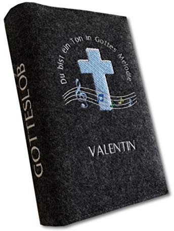 Goldi-Design Gotteslob Hülle aus 100% Wollfilz - Du bist EIN Ton in Gottes Melodie - Made in Germany (Mit Namen, Anthrazit/Blau)
