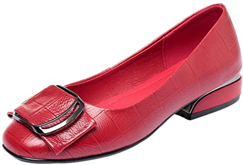 Jamron Femmes Mode Bout Carré Escarpins en Cuir avec Boucle Talon Bas Épais Ballerines