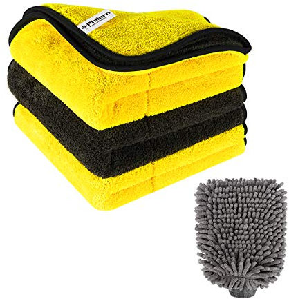 PHILORN 1 Gant de Lavage 3 Chiffon de Nettoyage de Voiture en Microfibre et Serviette de Nettoyage Combinaison de Nettoyage Multifonction pour Equipement Extérieur et Intérieur sans Rayures
