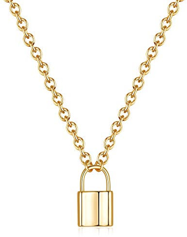 MONOZO Lock Necklace for Women, 14K Gold Filled Padlock Lock Pendant Chain Necklace Girls Dainty Layered Lock and Key Choker Necklace Jewelry for Men