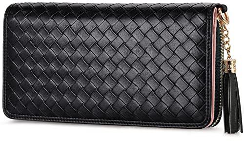 Jocose Moose Damen Geldbörse, große Kapazität Kunstleder Portmonee, Reißverschluss RFID Portemonnaie mit Quaste Anhänger, 12 Kartenfächer und Münzfach