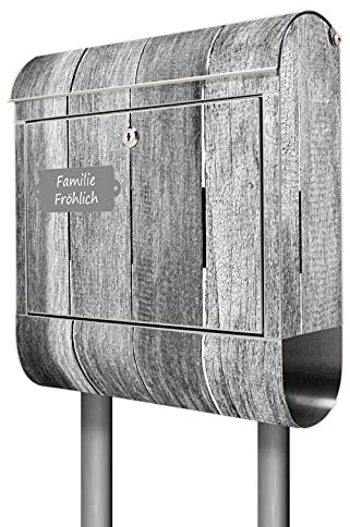 banjado® Briefkasten mit Standfuß personalisiert Motiv Holz Monochrom - Stand Briefkasten Edelstahl mit Zeitungsfach - Postbox/Postkasten A4 Einwurf inkl. Montagematerial & 2 Schlüssel