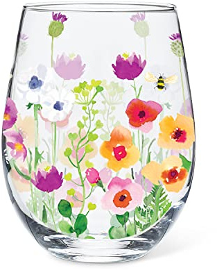 Abbott Collection Bee Garden Stemless Wine Goblet - Glass, Multicolor, 5 H (14oz)