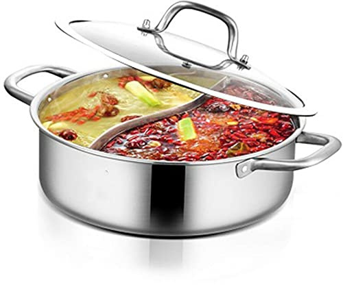 28cm/32cm Shabu Dual Side Hot Pot Edelstahl Cookware 2 Kammern Mit Glasdeckel Shabu, Suppentöpfe Herd Für Elektrisches Induktionskochfeld, Mit Doppelseitigem Teiler (32cm)