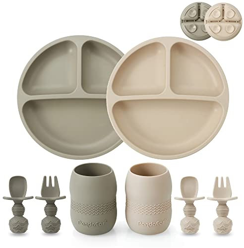 PandaEar Silikon Baby Geschirrset Kindergeschirr| 2 Kinder Baby Teller mit Saugnapf mit 2 Babylöffel 2 Gabeln und 2 Baby Becher Trinklernbecher ab 4 Monate| Esslernbesteck blw led Weaning Zubehör