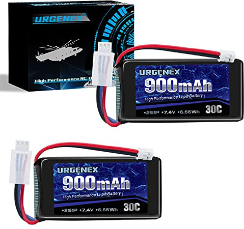 URGENEX 7.4V Lipo Battery 2S 30C 900mAh Rechargeable Lipo Battery with PH2.0 Plug Campatibal with Most 1/10, 1/16, 1/18, 1/24 Scale RC Cars Trucks
