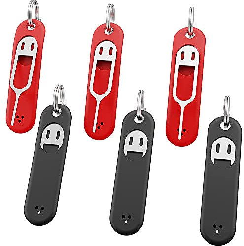 Lot de 6 outils de retrait de cartes SIM - Compartiment pour cartes SIM - Broche - Outil de retrait - Aiguille - Avec porte-clés amovible - Noir + rouge