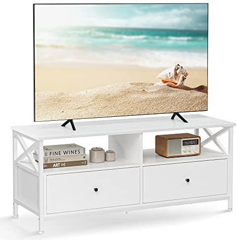 VASAGLE Mueble de TV, Mesa de TV de hasta 55 Pulgadas, con 2 Cajones y 2 Compartimentos Abiertos, 120 x 40 x 50 cm, para Salón, Dormitorio, Marco de Acero, Blanco LTV300B46