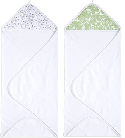 aden + anais Harmony Kapuzenhandtuch – 2 Stück | 100% Baumwolle Frottee Handtuch mit Musselin-Kapuze, weiches Bade- & Duschtuch für Babys | Natur, Bäume, Grün, Wald Geschenkset 76x76cm AD217