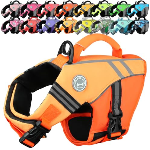 VIVAGLORY Giubbotto Salvagente Stile Sportivo per Cane con Flottabilità Aggiuntiva, Gilet da Nuoto Regolabile e Resistente per Cani Piccoli, Arancione Scuro