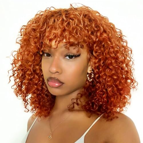DÉBUT Human Hair Bob Wig With Bangs - Short Curly, Jerry Curl - 150% Density, Non Lace Front, Glueless Wig (10 Inches, S ORANGE)