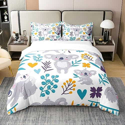 100% Baumwolle Koala Tröster Abdeckung Australien Wild Tier Bettwäsche Set Blatt Floral Zweige Botanische Bettbezug Cartoon Bär Tagesdecken Abdeckung Zimmer Dekor mit 1 Kissenbezug 135x200 Grau Blau
