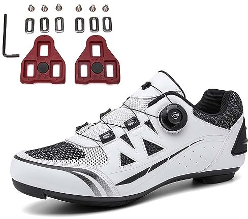PENXZT Fahrradschuhe Herren Damen Rennradschuhe Atmungsaktive Radschuhe Kompatibel mit Peloton Schuhen Look SPD SPD-SL Delta Lock Pedal,Weiß,45 EU