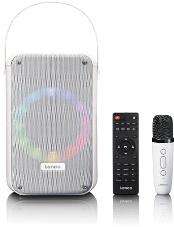 Lenco BTC-060 tragbare Karaoke-Maschine - Bluetooth 5.2-20 Watt RMS - 2 Lautsprecher - Mikrofon - Fernbedienung - integrierter Akku - Lichteffekte - weiß