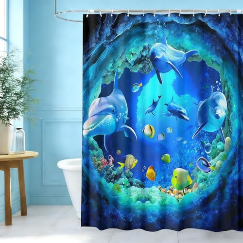 wiipara Duschvorhang 180x200cm, Wasserabweisende Duschvorhänge Blau Delphin Shower Curtains Bad Vorhang, Waschbar Badzimmer Badewanne Vorhang Duschvorhang Anti Schimmel mit 12 Duschvorhangringe