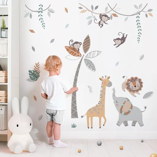 wondever Wandtattoo Dschungel Tiere Grau Wandsticker Safari Tiere Baum | Abziehen und Aufkleben, Abziehbar, Wandaufkleber Selbstklebend für Kinderzimmer Babyzimmer Schlafzimmer Wanddeko