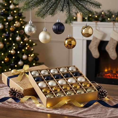 Valery Madelyn Christmas Tree Decorations 25pcs 4CM, Black and Gold Xmas Baubles Shatterproof Ball Ornaments Set