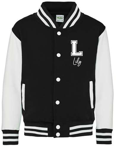Daytripper Personalised Kids Varsity Jacket, Custom Initial & Name, Girls and Boys, Baseball Jacket, Children's, Unisex, Hoodie, Coat (UK, Age, 12 Years, 13 Years, Regular, BLACK)