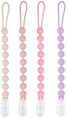 MINMUNJIU Silicone Pacifier Clip Holder, 4 Pack One Piece Soft Flexible Binky Clips Pacifier Holder Clip for Girls, Baby Girl Newborn Essentials