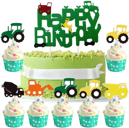 MEZHEN Tortendeko Traktor Geburtstag Kuchen Deko Traktor Torte Deko Happy Birthday Cupcake Topper Traktor Kuchendeko Bauernhof Kindergeburtstag Tortendekoration