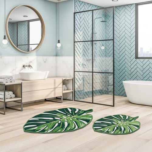 miqna Monstera Muster Grün Badezimmermatte – 2 Teileg Set, rutschfest Waschbar badematte, Roboterstaubsauger-freundlich, Badematte Grün, Badvorleger (Lapel, 60 x 100 cm - 50 x 60 cm)