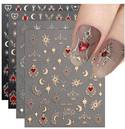 Nagelsticker Selbstklebend 9 Blatt Nail Sticker, Set Aufkleber Nägel, Nagelsticker Gold Mond Stern Nageldesign Zubehör für Dekoration Frauen Mädchen Maniküre DIY Nagelstudio