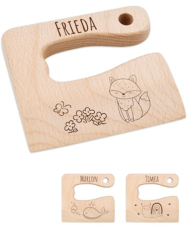 Bärenfreunde® - Personalisiertes Montessori Kinder Messer mit Gravur - Sicheres Holz Baby Besteck mit abgerundeten Kanten - Geburtstag Baby Geschenk (Fuchs)