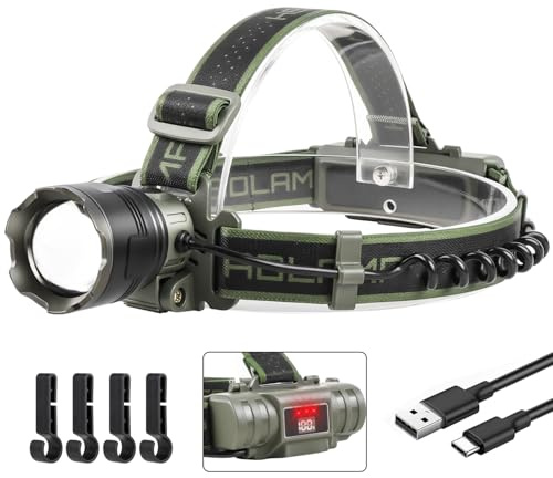 VOPHICHO Torcia Frontale LED Ricaricabile con Rossa Avviso e 4 Modalità, 90000 LM Lampada Frontale Ricaricabile 5000mAh, Lampada da testa Leggera Zoomabile IP65 Impermeabile per Campeggio Pesca