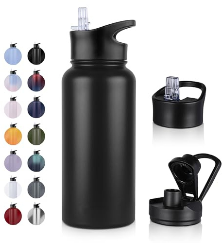 UMBFUN Edelstahl Trinkflasche - 1L - mit Strohhalm,Auslaufsicher,Kohlensäure Geeignet,BPA frei Thermosflasche(+2 Deckel) Vakuum Doppelwandisolierung für Sport,Reisen,Camping,Schule,Fahrrad,Gym