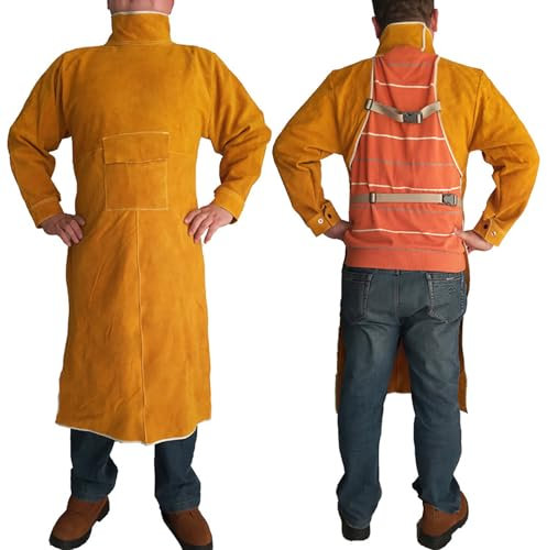 Grembiule da Saldatore in Pelle con Manica e Tasca, Grembiule da Saldatore in Pelle Bovina Resistente al Calore e alle Fiamme,Giallo,120cm