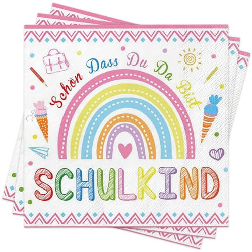 40 Stück Servietten Einschulung Regenbogen Boho, Schön Dass Du Da Bist Schulanfang Servietten Deko 2025 Mädchen Junge, Schulkind Schuleinführung Papierservietten Tischdeko