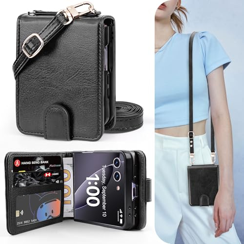 OCASE Étui Portefeuille pour Samsung Galaxy Z Flip 7, 3 Compartiments Cartes, 2 Lanière Amovibles Réglables, Protection RFID Housse, Flip PU Cuir Coque pour Galaxy Z Flip 7, Noir