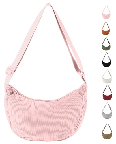 LOCCY Crossbody Bag Damen Cord, Halbmond Tasche Damen Cord, Einfarbige Halfmoon Bag Kord mit Verstellbarer Schultergurt für Frauen Reisen (Rosa)